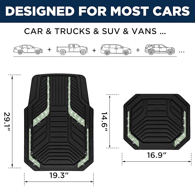 PIC AUTO Car Floor Mats, Green Sparkly Crystal Bling Glitter Car Mats Set, Front and Rear Heavy Duty Rubber Car Mats with Anti-Slip Backing, All Weather, Trim-to-Fit for Automotive SUVs, Sedan, Vans
