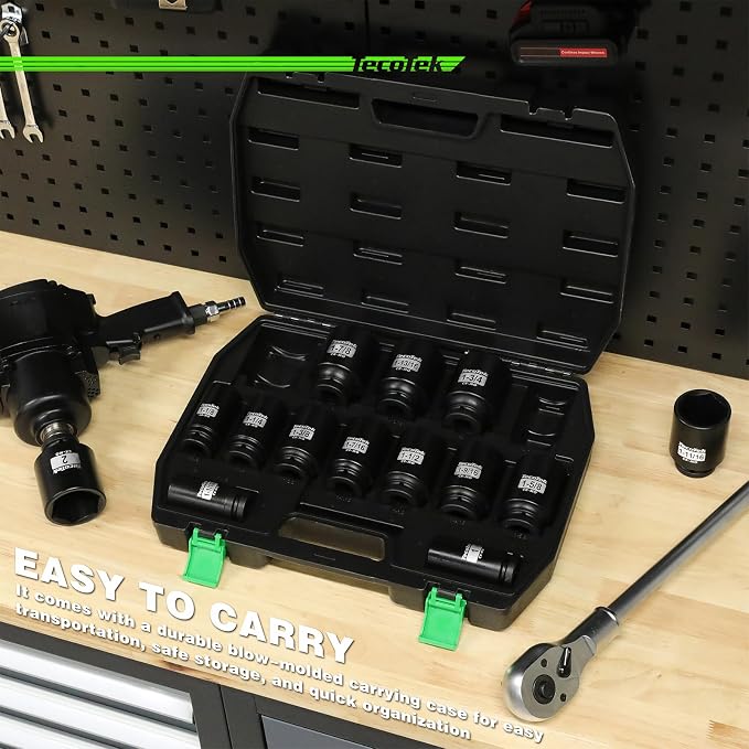 TecoTek 3/4" Drive Deep 6-Point Impact Socket Set, 14-Piece Heavy Duty Impact Socket Set, Cr-Mo, SAE (1" to 2"), for Large Vehicle and Apparatus Maintenance