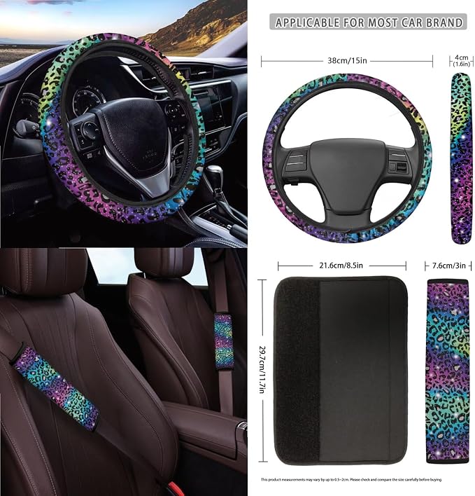 Leopard Galaxy Pattern Bucket Seat and Rear Split Bench Cover Steering Wheel Cover Car Trash Bin Seat Belt Pad Keychain Coasters Air Outlet Bag 15pcs Car Accessories