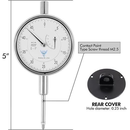 PEC Tools Precision Dial Indicator 0-1" Range, 0.0005" Resolution | Lug-On-Center Back
