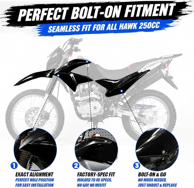 Hawk 250 Plastics Fairing Kit (All Years) - Premium PP Dirt Bike Bodywork Replacement with Fenders & Tank Guards - OEM Fitment Black