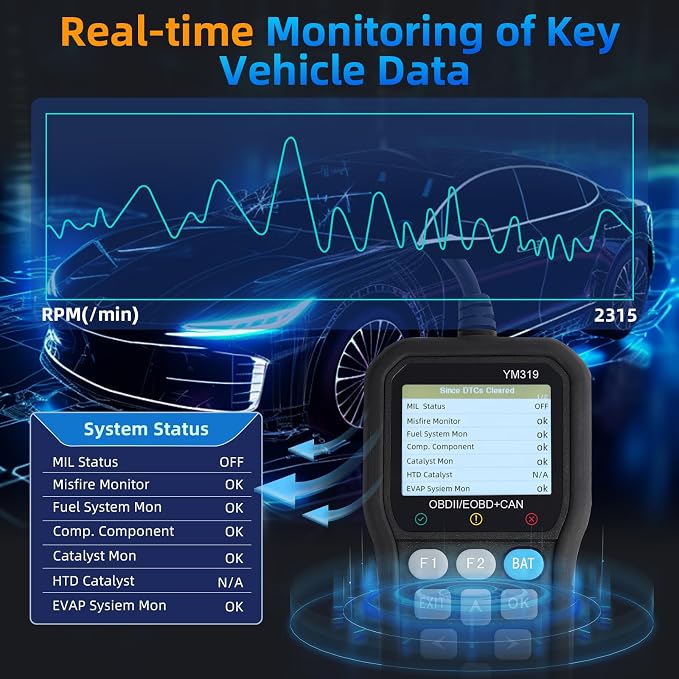 FX319 OBD2 Scanner OBD2 Code Reader, Car Diagnostic Tool with 12V Battery Tester, Turn Off Check Engine Light, Live Data, Cloud Printing for 1996+ OBDII Cars