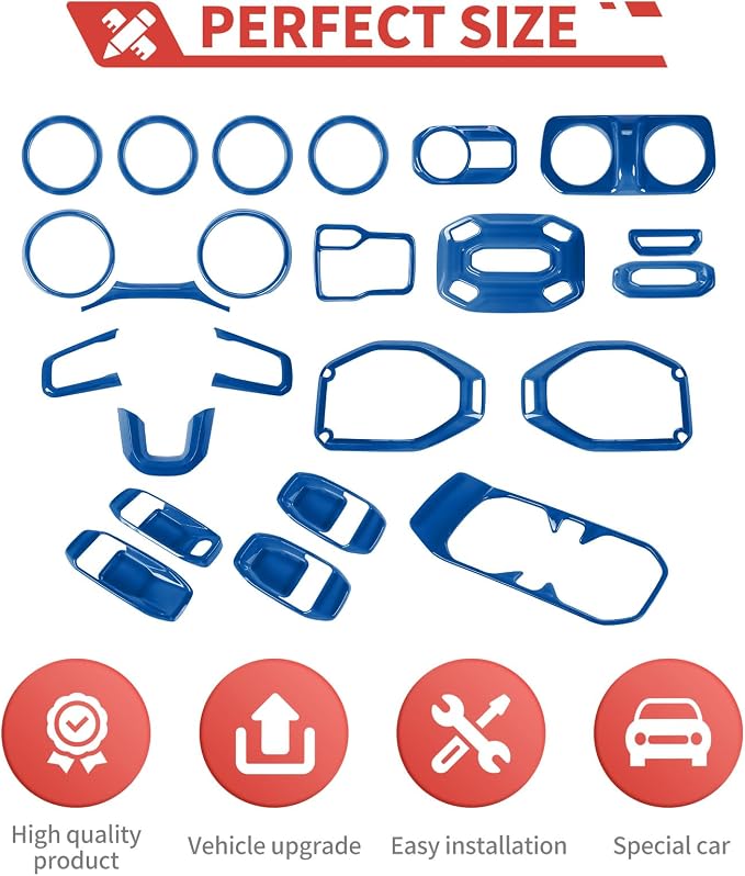 23pcs Full Set Interior Trim Kit for Jeep Wrangler JL JLU Gladiator JT 2018-2023 Steering Wheel Door Handle Air Conditioning Vent Cup Holder Reading Light Headlight Gear Cover, Blue