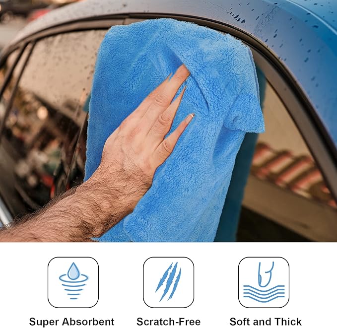 Shimeyao 30 Pcs Edgeless Microfiber Plush Towels for Cars Detailing Drying Wash Polishing Absorbent Cleaning Cloths, 500 GSM (16 x 16 Inch,Light Blue)