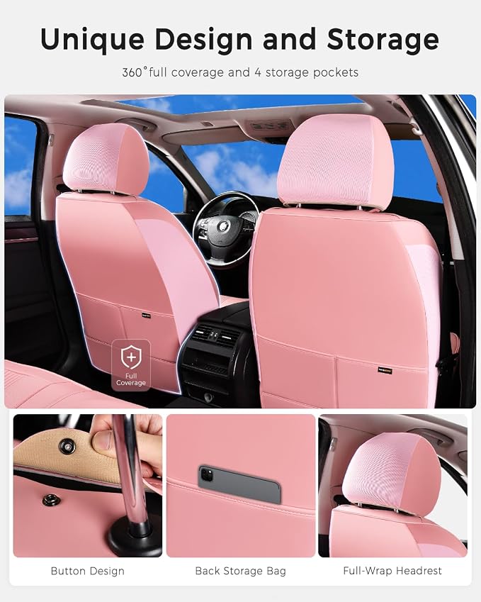 Huidasource Universal Car Seat Cover, Car Seat Cover Set Nappa Leather with Lumbar Support, Side Elastic Fabric, Velcro Adjustable, Airbag, Ventilation, Universal Fit for Most Cars SUV Trucks, Pink