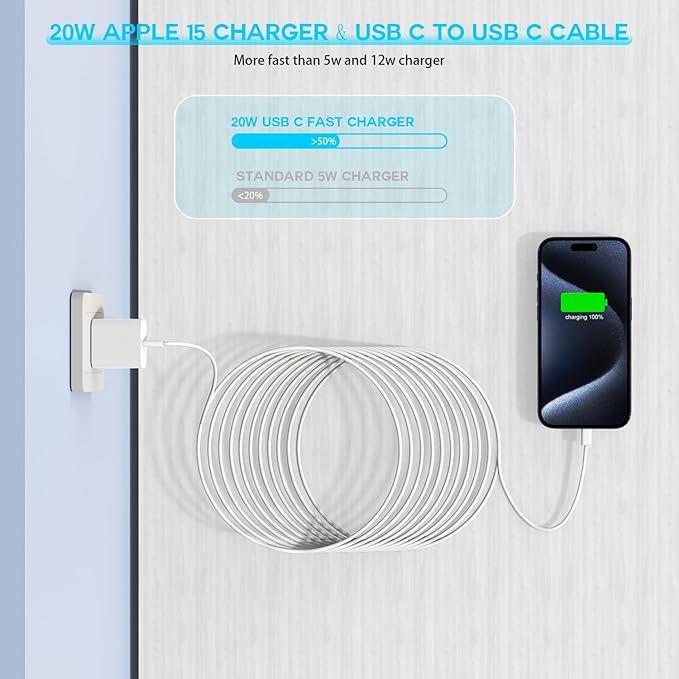 10FT Apple iPhone 17 16 15 Charger, 2-Pack Extra Long 10Foot USB C to Type C Charging Woven Cable Cord 20W USB C Charger Block Cube Super Quick Charging for iPhone 17 16 15 Pro/Plus/ProMax,iPadPro/Air