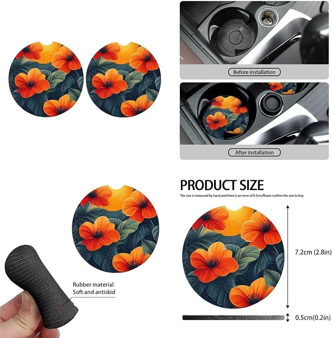 13 PCS Hawaii Hibiscus Flower Car Seat Covers, Orange Red Jasmine Flowers Car Steering Wheel Cover Cup Mats, Cineraria Floral Vehicle Keyring Headrest Cover Universal