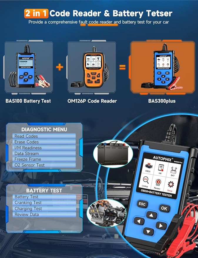 AUTOPHIX 2 IN 1 OBD2 Scanner with Battery Tester, BAS300 Plus 12V 100-2000 CCA Battery Charging Cranking Test Car Code Reader, Full OBD2 Diagnosis Check Engine Diagnostic Scan Tool Battery Load Tester