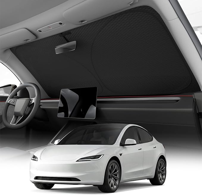 REEVAA 2026 3rd Pro Windshield Sunshade for 2017-2026 Tesla Model 3 (Highland) | Dual-Layer Heat & Sun Defense, OEM Design | Foldable Sun Shade Car Accessories with Storage Bag