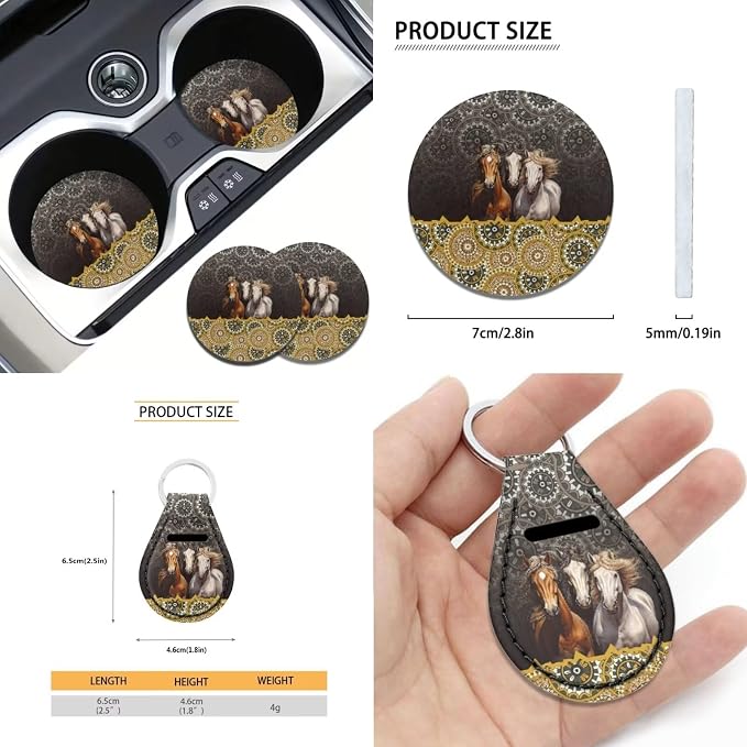 Xoenoiee Horses Boho Mandala Print 11 Pcs Universal SUV Car Seat Covers Auto Interior Accessories Full Set with Steering Wheel Covers, Seat Belt Pads, Key Chain, Car Cup Mat