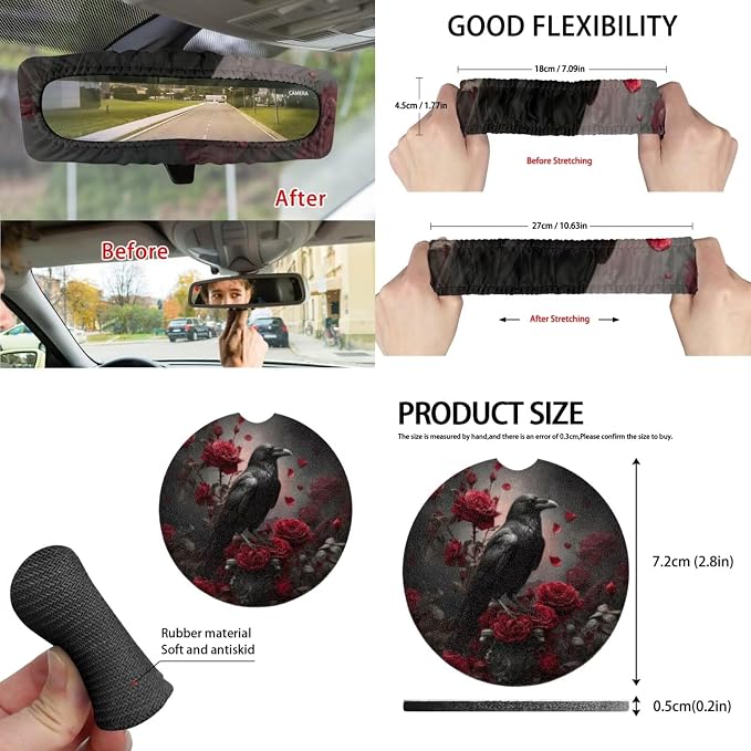 Rose Raven 15 PCS Car Seat Cover Set with Auto Steering Wheel Cover Seat Belt Strap Protector Cup Holder Trash Bag Rear View Mirror Protector Keychain
