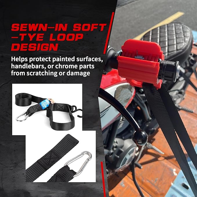 MOTO4U Sport Motorcycle Tie down Bundle,1 PK Motorcycle Rear Wheel Tie Down Straps with Ratchets & 2 PK 1.5" x 7' Cam Buckle Straps with soft Loops & Safety Hooks & Snap Hook Black