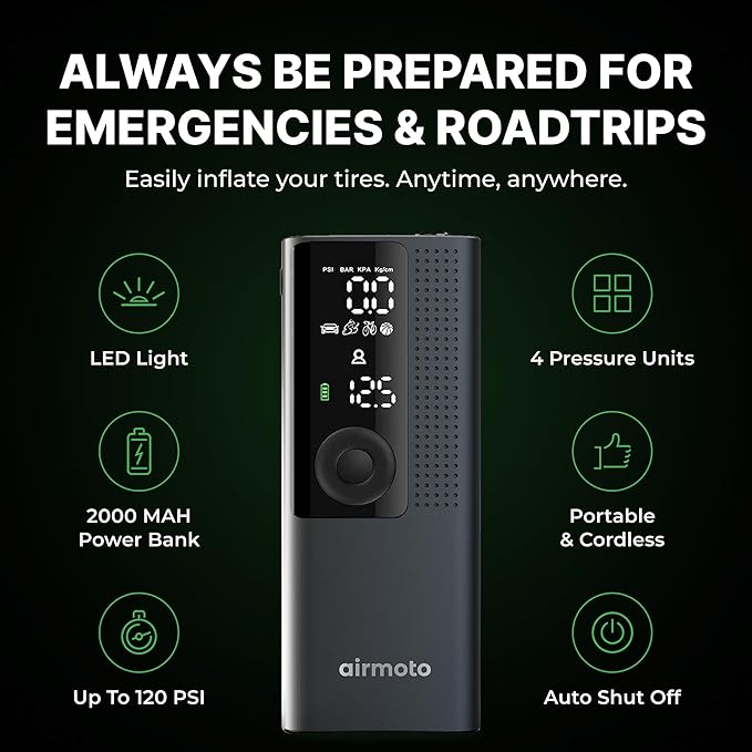 Airmoto and Power Kit Bundle Deal - 1 bundle - Tire Inflator Portable Air Compressor with Power Kit for Charging on The Road - Cordless Air Pump for Car Tires, Motorcycle, Bicycle, Balls