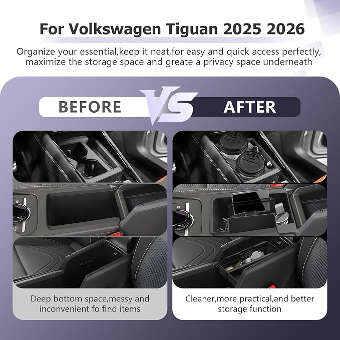 LUWU Center Console Organizer Compatible with 2025 2026 VW T iguan Accessories S/SE/SE R-Line Black/SEL R-Line Armrest Console Organizer & Front Center Console Storage Tray & Cup Holder 3PCS