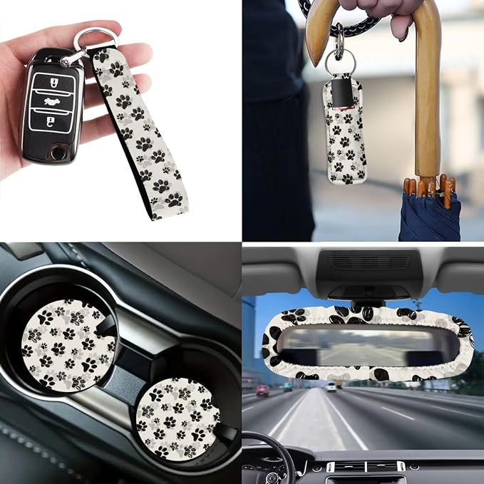 Dog Paw Prints 12 Pack Car Seat Covers Full Set Car Steering Wheel Cover Car Seat Belt Cover Keychain Holder Chapstick Holder Universal Fit for Vehicles,Cars,Suvs,Vans,Sedans