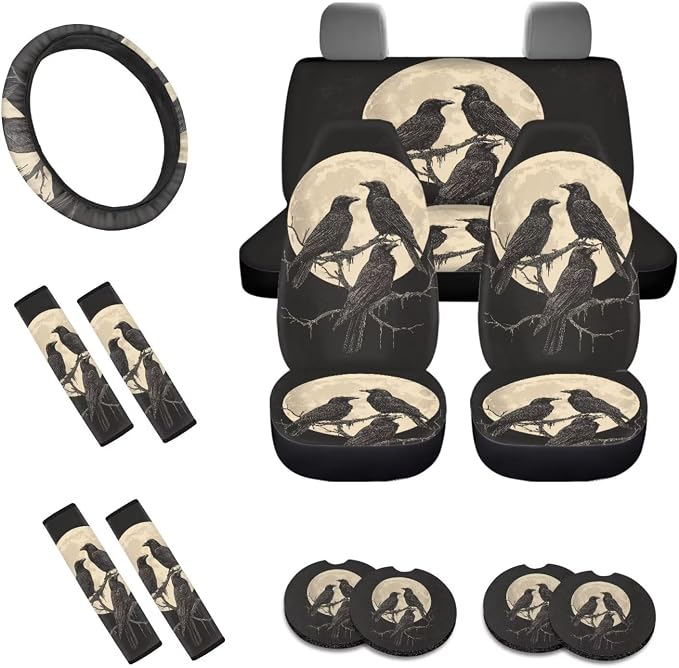 Crow Moon Pattern 13 Pieces Car Interior Accessories, Stretchy Auto Seat Covers Set of 4, 1 Piece Steering Wheel Cover, Breathable Safe Belt Pads Set of 4, 4PCS Cup Coasters