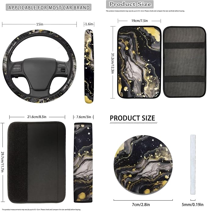 Black Marble Auto Seat Covers 12pcs Full Set Car Accessory Universal Fit Car Seatbelt Pads Steering Wheel Cover Armrest Cushion Keychain Marble Coaster for Car Durable Auto Interior Protector