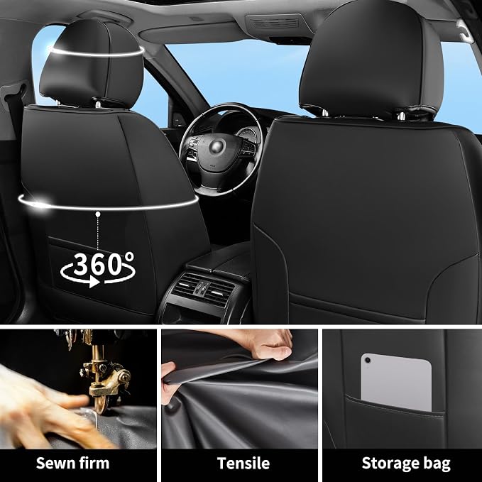 Fit Fusion Car Seat Covers for Ford Fusion 2007-2020 - Luxury Leather, Anti-Slip, All-Weather Seat Cushions, Waterproof & Breathable, Airbag Compatible, Full 5-Seat Set (Black&Red)