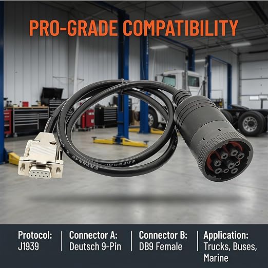 J1939 Deutsch 9Pin Connector to DB9 Female CAN Cable，DB9 to J1939 CAN Bus Diagnostic Adapter Cable for Heavy Duty Vehicles 50CM