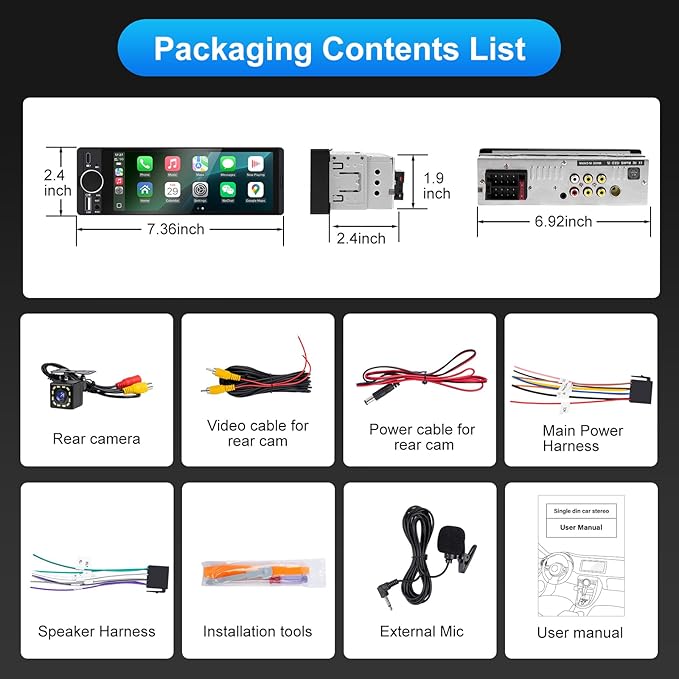 Single Din Car Stereo with Apple CarPlay & Android Auto, HD Touch CarPlay Screen, Backup Cam,Bluetooth, USB Type-C, SWC, EQ, FM Radio (with External Mic) (6.36 inch)