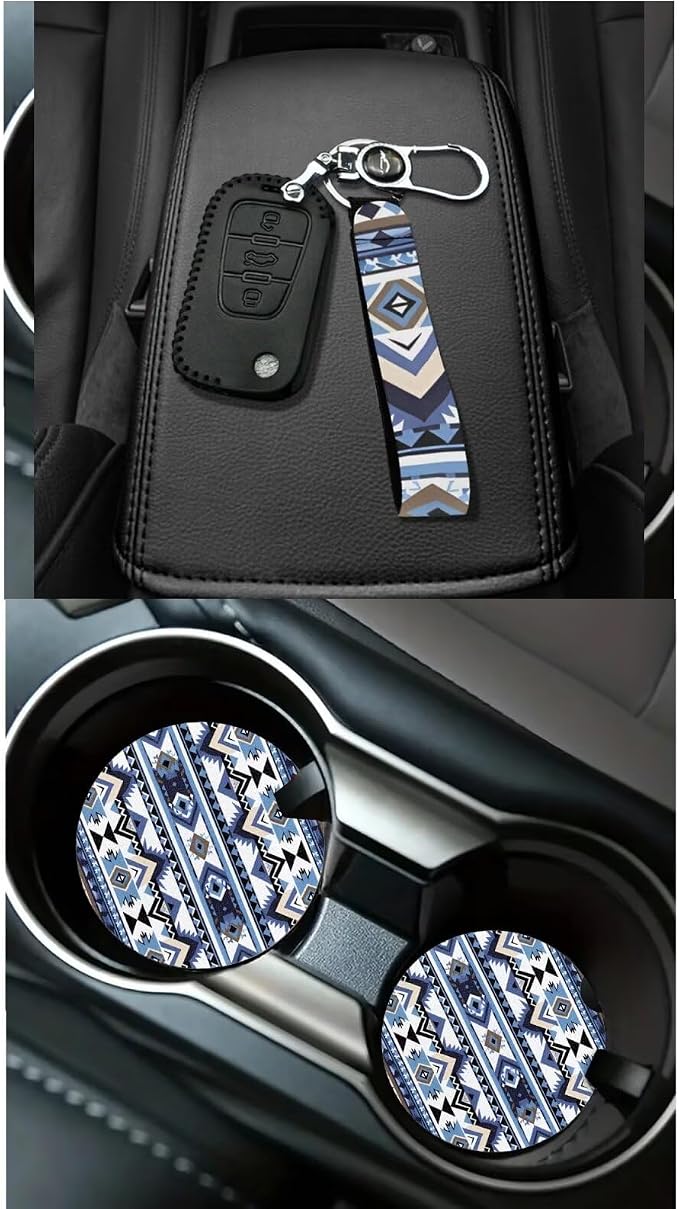 Dreaweet Navajo Native Western Car Seat Covers Full Set 15 Pcs Aztec Car Accessories with Steering Wheel Cover Seat Belt Pads Coasters Trash Bag Air Vent Storage Bag Rearview Mirror Cover Keychain