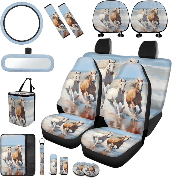 Horse Car Seat Covers Full Set for Women Man,Universal Car Accessories with Back Seat Trash Can Headrest Covers Seat Belt Cover Pad,Elastic Steering Wheel Cover Fit Most Car Truck SUV Van