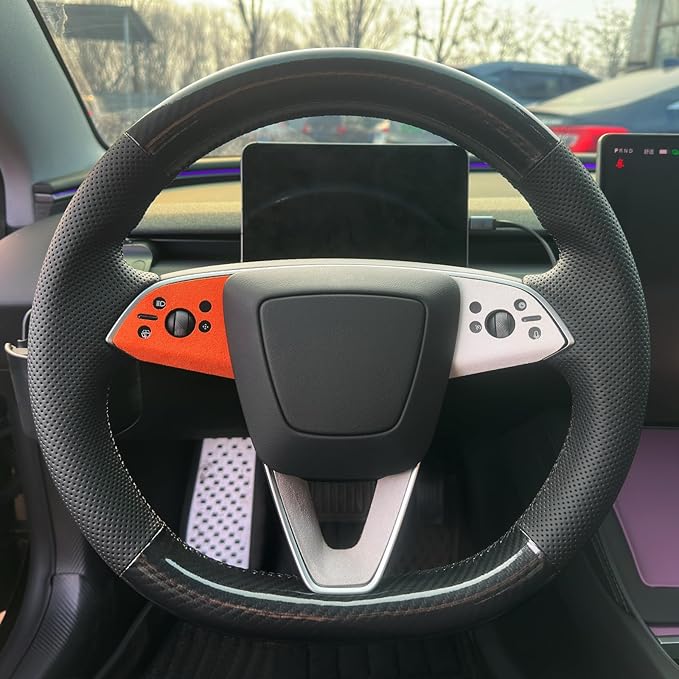 MEWANT Hand Stitch Steering Wheel Cover for Tesla Model 3 Highland Model Juniper Made of PU Carbon Fiber Faux Leather