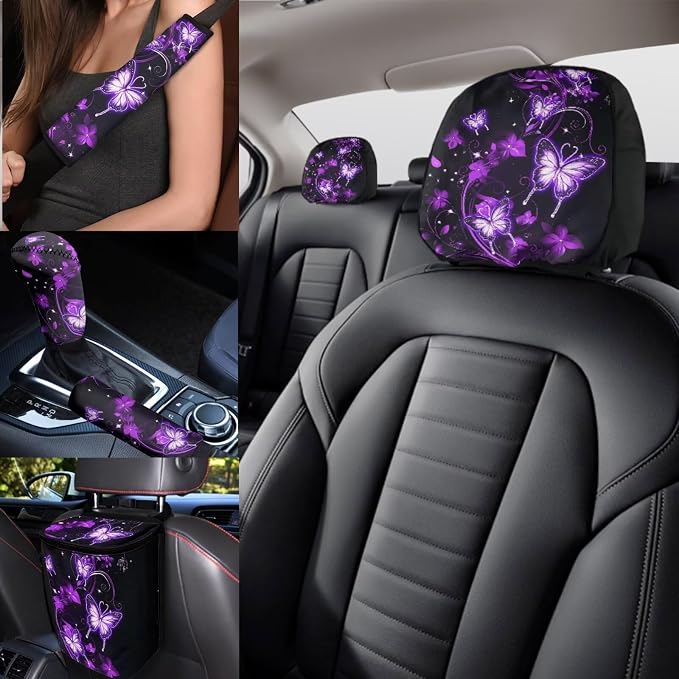 Purple Butterfly Car Seat Covers Full Sets with Front and Split Rear Bench,Butterflies Car Aaccessories Sets for Women Auto Interior Accessories with Headrest Covers,Seat Belt Shoulder Pad