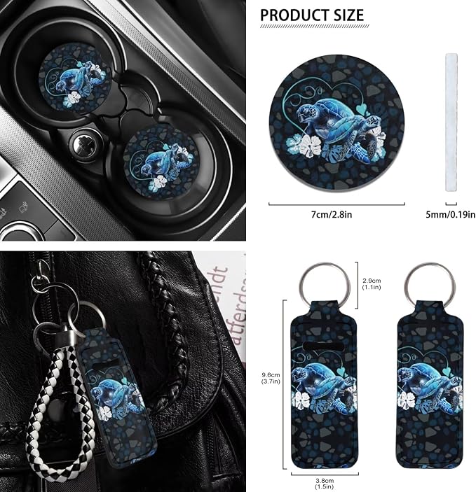 12 Pieces Car Accessories Sea Turtle Print Car Seat Covers Full Set,Seat Belt Pads,Steering Wheel Covers,Vehicle Key Chain,Cup Coasters,Lipstick Holder for Women Blue Black