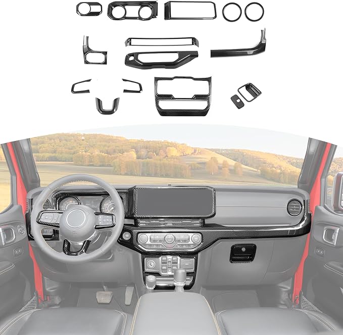 for Jeep JL Interior Trim Kit Carbon Fiber, Dashboard Accents Cover for Jeep Wrangler JL JLU Gladiator JT 2024 2025-Present ABS Interior Accessories 15pcs(Only for 2024+)