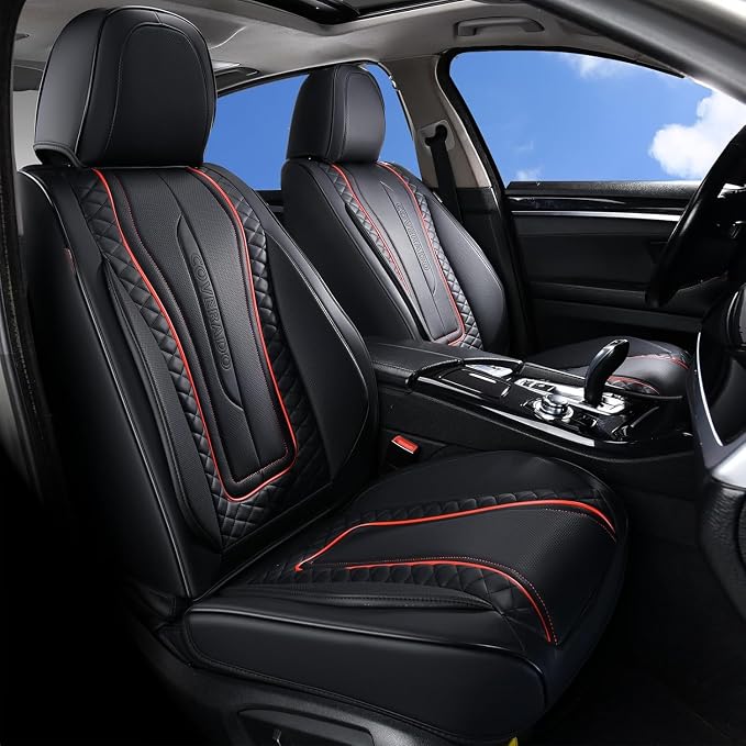 Coverado Car Seat Covers Full Set, Leather Seat Coversfor Cars, Front and Back Seat Covers, Waterproof Car Seat Protectors Car Seat Cushions Universal for Most Vehicles, Black&Redline