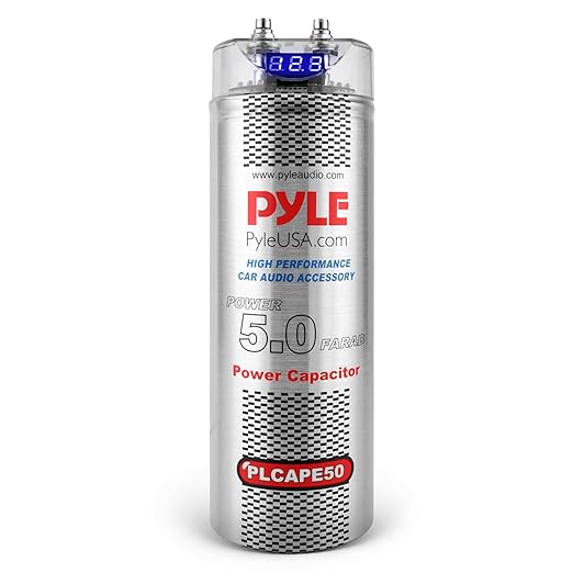 Pyle 5.0 Farad Digital Power Capacitor - High-Performance Car Audio Accessory with Blue Digital Display, Voltage Readout, Over Voltage Protection, Mounting Hardware, DC 12-24V - PLCAPE50