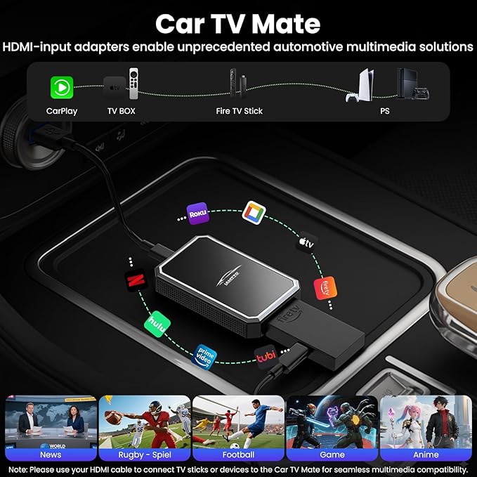 LAMTTO Car TV Mate Pro and Wireless CarPlay Adapter – Upgrade 2 in 1 Magic AI Box Convert Car Screen to TV with HDMI for Fire Stick and Switch for OEM Wired Factory 2016+
