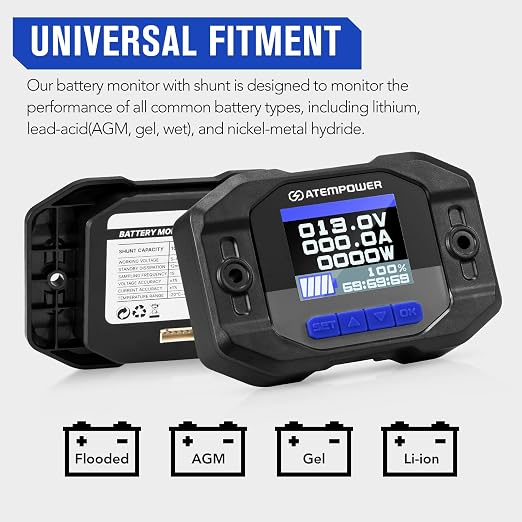 ATEM POWER 12V 500A Battery Monitor with Shunt Wire 12V Battery High Low Voltage RV Batteries Monitor Real-time Monitoring Voltage Current Watt Compatible with Lithium, Lead-Acid, AGM, Gel