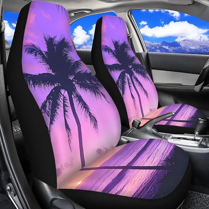 Palm Tree Sunset 11 Pieces Car Seat Covers Car Seat Belt Cover Steering Wheel Cover Gear Lever Cover Hand Brake Cover Keychain Holder Universal Fit for Most Cars,SUVs