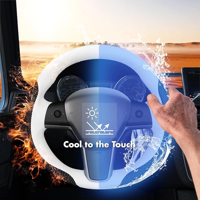 MEWANT Hand Stitch Steering Wheel Cover for Tesla Model 3 2017-2023 Model Y 2020-2023 Black Mesh Athsude White Microfiber Leather Wrap Protector Non-Slip Breathable