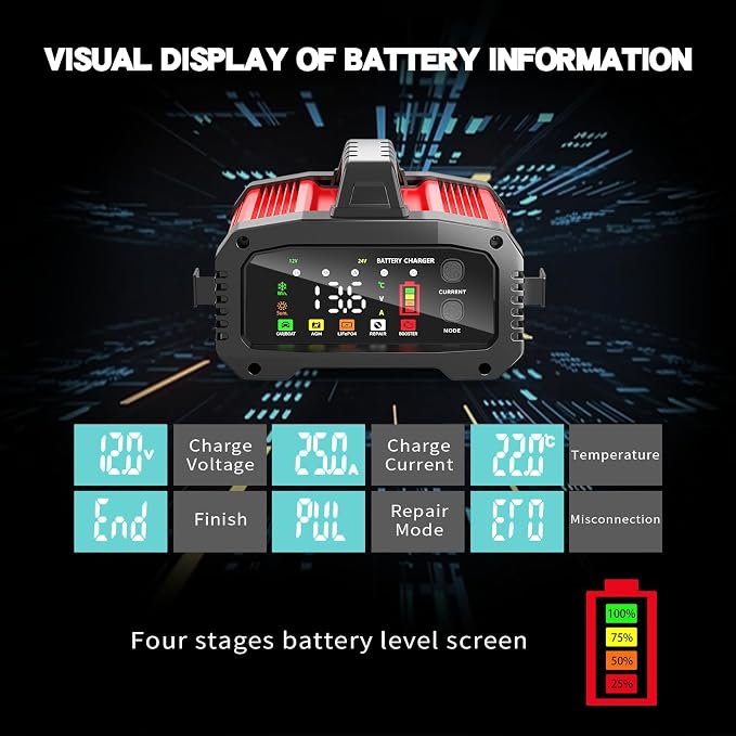 Car Battery Charger 25A, 12V/24V LiFePO4 Battery Charger Automotive, Adjustable Amp Trickle Charger with Auto Detection, Boost Mode, Battery Repair, for Car Truck Motorcycle AGM Gel SLA Deep Cycle