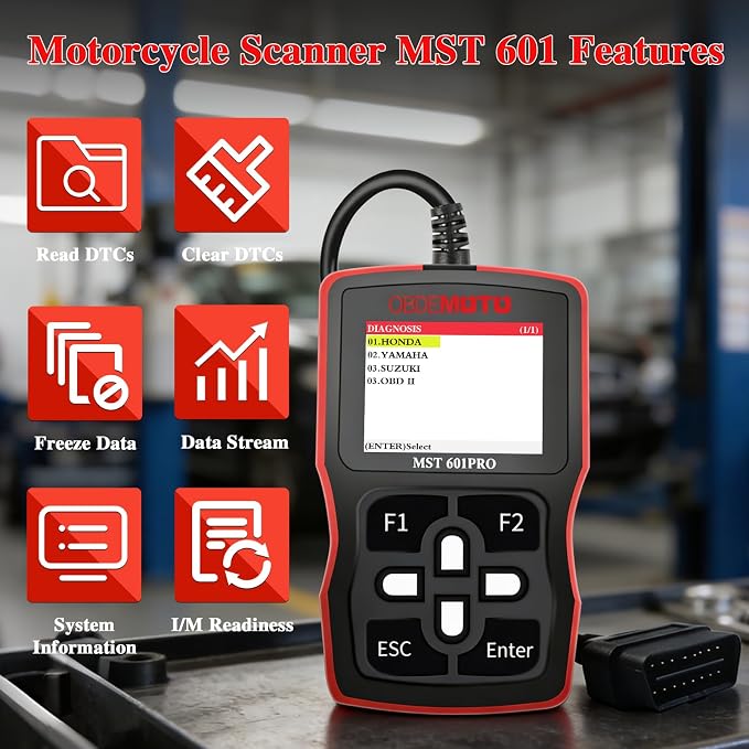 601Pro Motorcycle Scanner, Motorcycle Diagnostic Tool with 2.4'' LCD, Motorcycle OBD2 Scanner with ECU Scan, Read & Clear Codes, Live Data Stream, Freeze Frame for Honda Yamaha Suzuki