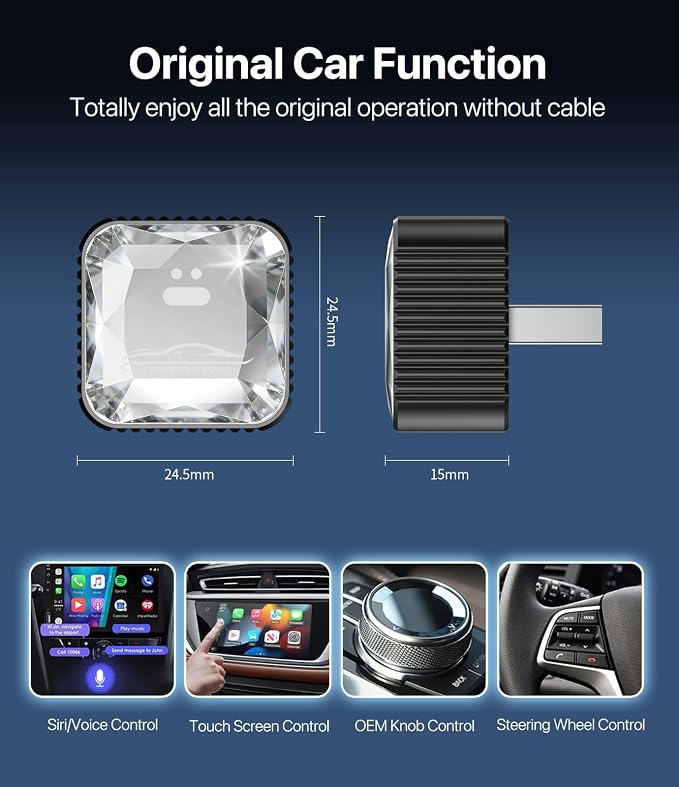 2026 Wireless CarPlay Adapter for iPhone, Premium Glass Finish Design, 5s Auto-Connect, Mini Wireless CarPlay Dongle Compatible with Apple CarPlay, Plug & Play for Factory Wired Cars, Low Latency
