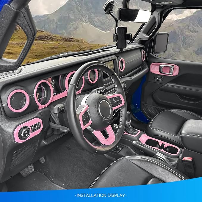 Barong for Jeep Wrangler JL JLU 2018-2023 Accessories Steering Wheel Door Handle Air Conditioning Vent Cup Holder Reading Light Headlight Gear Cover 23PCS Full Set Interior Trim Kit (Pink)