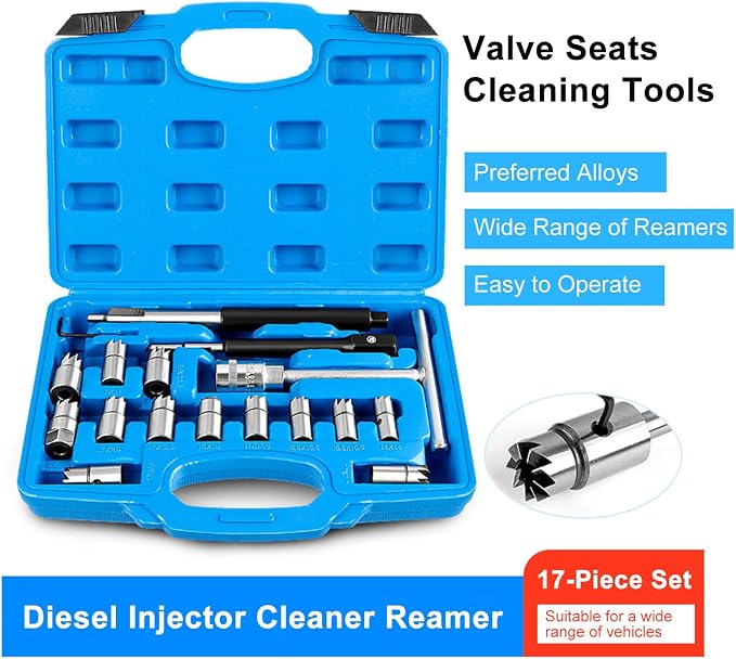 HXBER Auto Repair Tools Car Accessories,17Pcs Injector Set Seat Cutter Cleaner Disassemble Tool Kit Universal Injector Re-Face Reamer Tool Set Valve Seat Cutter Flat Reamer Repair Removal Tool