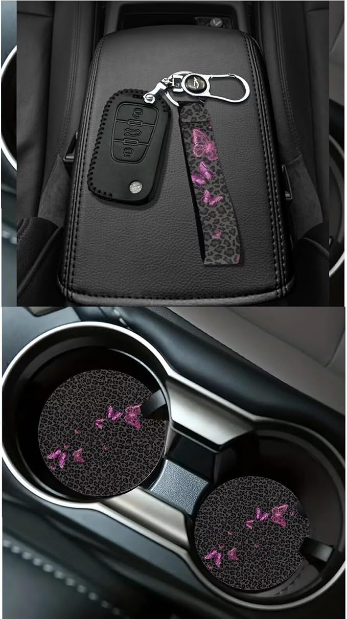 Dreaweet Black Leopard Print Car Seat Covers Full Set Purple Butterfly Car Accessories Steering Wheel Cover Seatbelt Covers Trash Bin Rear View Mirror Cover Cup Holders Keychain Air Vent Storage Pouch