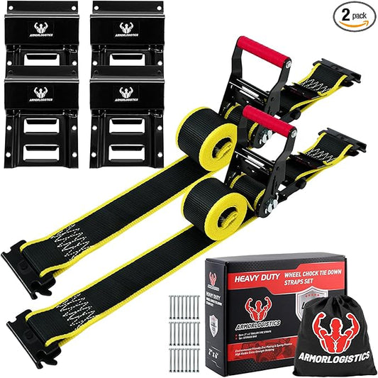 2Pack UTV Wheel Chock Tie-Down Kit, 2 in x 8 ft Heavy Duty Trailer Tire Straps, 4400lb Max Break Strength E Track System for ATV, UTV, SXS, Mower and More (Black)