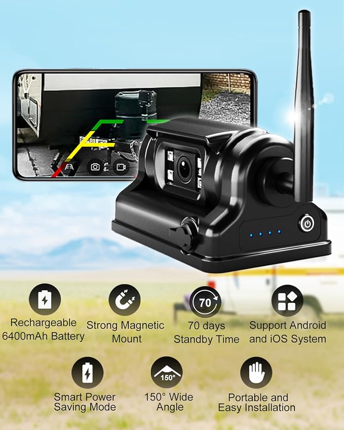 Magnetic WiFi Backup Camera, Wireless Rear View Camera with 6700mAh Long-Lasting Battery, 1080P Night Vision, IP69K, No Wiring Needed for Trucks, RVs, Trailers, Tractors, Horse Trailers