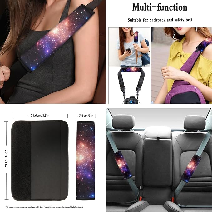 AFPANQZ Starry Galaxy Car Accessories Set 11pcs with Steering Wheel Cover, Front Seat + Bench Covers, Seat Belt Pads Gear Shift Knob Handbrake Cushion Car Cup Holder Coaster Mens Women Gift
