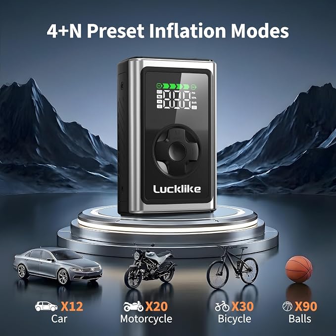Lucklike Tire Inflator Portable Air Compressor, 150 PSI Cordless Bike Pump, 5X Faster Air Pump for Auto, Motorcycle, Bicycle, Balls, with Pressure Gauge, LED Light & Car Accessories, Standard Capacity