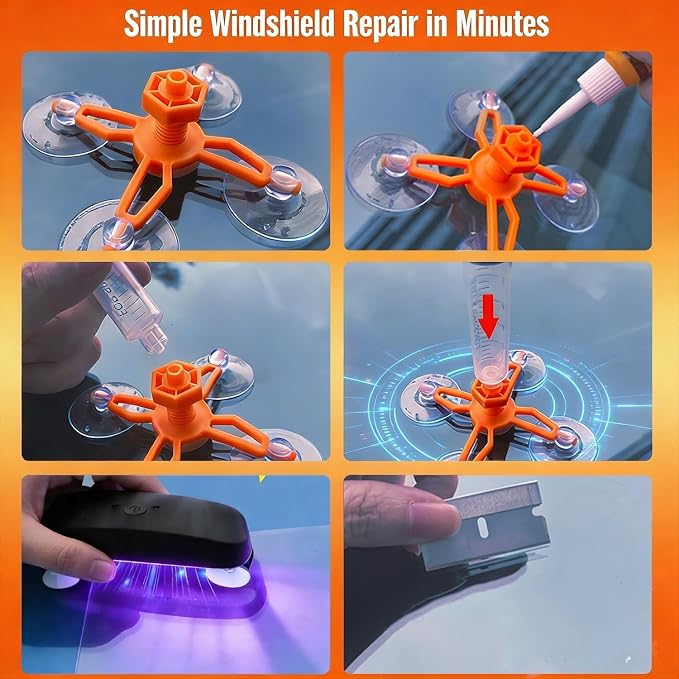 Windshield Chip Repair Kit, 2 PCS Windshield Crack Repair Kit with Suction Cup Curing Light, Car Automotive Nano Fluid Vehicle Windscreen Tool, Glass Repair Kit for Chips and Cracks, Bulls-Eye（Sunset）
