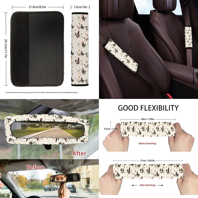 Suobstales Rooster Chicken Flower Print Car Seat Cover Interior Accessories Set of 13, Steering Wheel Covers, Car Trash Can, Seatbelt Cover, Coasters, Keychains, Rearview Mirror Cover Universal Fit