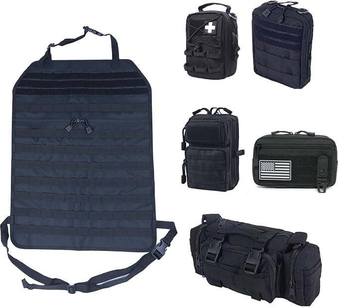 Universal Tactical Car Seat Back Organizer Bag Tactical Molle Vehicle Organizers Panel Vehicle Protector Organizers with 5 Detachable Pouches for Car (Upgraded A black)