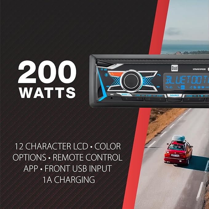 Dual Electronics XRM69RGB | 12-Character LCD Single DIN Car Stereo | RGB Custom Colors | Push to Talk Assistant | Bluetooth Hands Free Calling Music Streaming | AM/FM | USB Playback & Charging